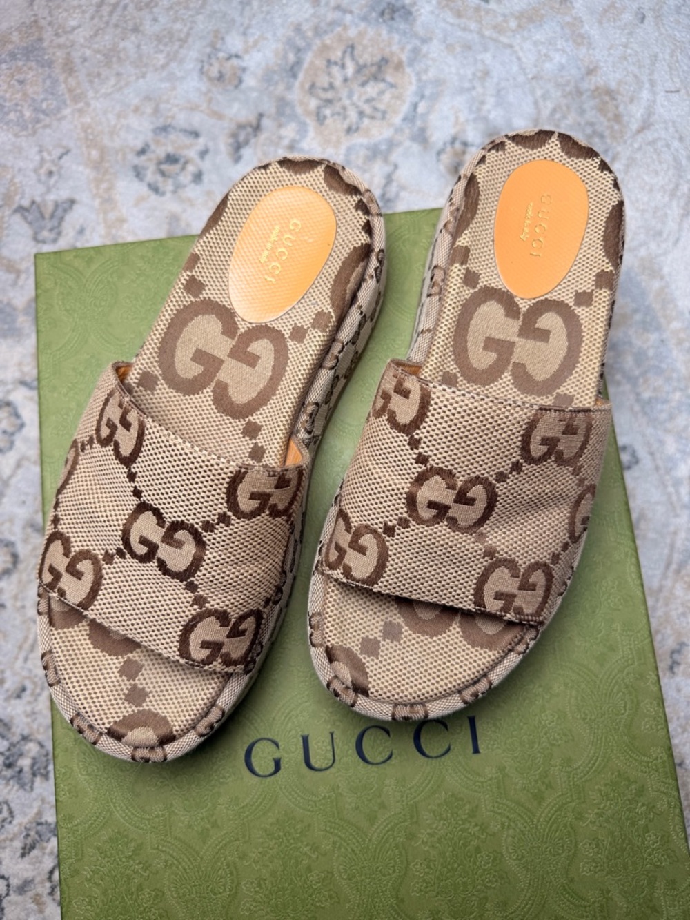 Gucci Camel & Ebony GG Canvas Platform Slides - Picture 3 of 15